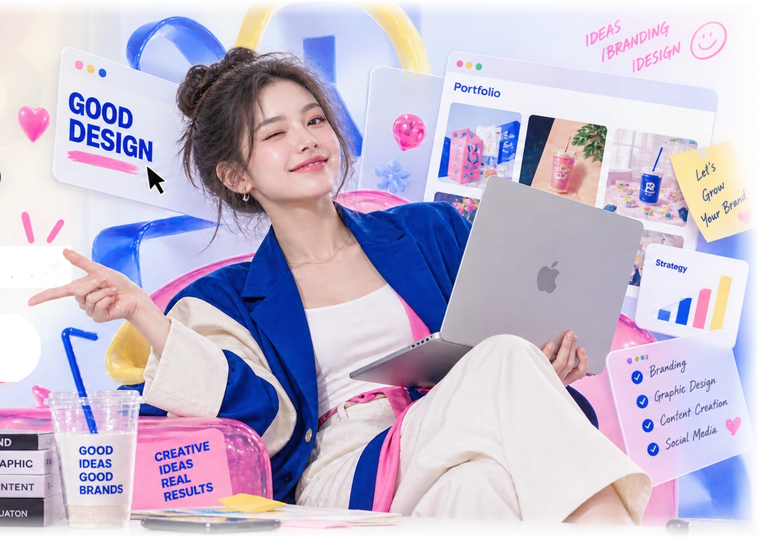 ภาพอาร์ตสไตล์ editorial ของผู้หญิงยิ้มอย่างเป็นธรรมชาติในเบลเซอร์สีน้ำเงิน ถือ MacBook และชี้ไปทางปุ่มดูผลงาน ท่ามกลางองค์ประกอบครีเอทีฟโทนน้ำเงิน ชมพู และเหลือง